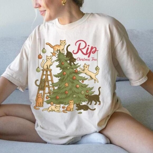 Tops - Christmas Tree Shirt, Tree And Cat T-Shirt, Cat Owner Christmas Gift